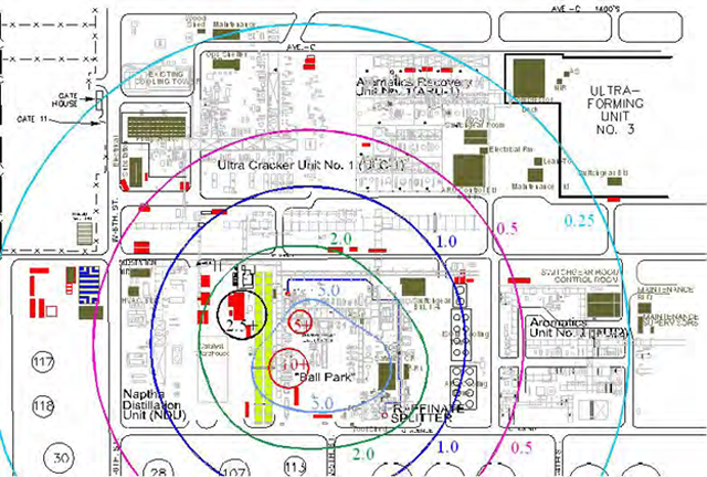 Blast overpressure map of trailer area where structural indicators show a blast overpressure of 2.8 psi