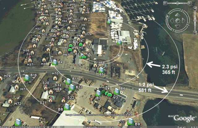 Aerial view showing damage data points and estimated explosion overpressures out to about 600 feet from the facility